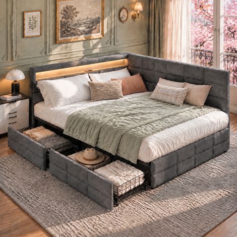 Lit Double 140x190 avec 2 tiroirs, avec led et USB, sommier à lattes, tissu lin gris, lit adult 2 places, Lit d'Angl, gris lin