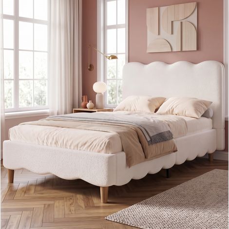 Cama infantil 90 x 200 cm con somier, cabecero tapizado, bouclé blanco HAVRYA (1/5)