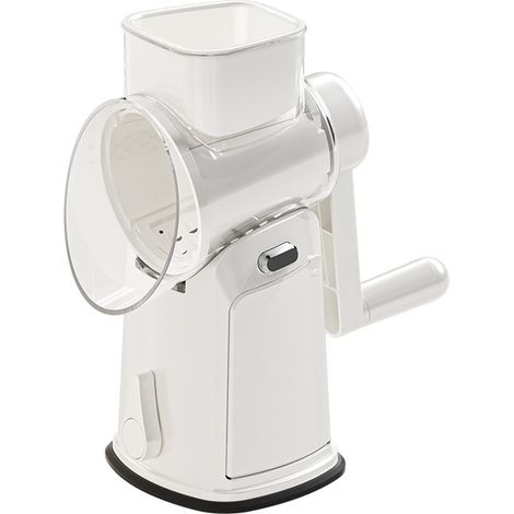 Râpe à fromage rotative améliorée avec poignée - emplacement de rangement intégré pour les lames, 5 paires de lames multifonctionnelles, blanche. (1/5)