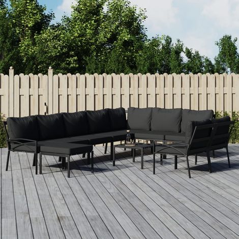 Salon de jardin 11 pièces en acier noir avec coussins gris et tables basses - PANGIVO (1/5)