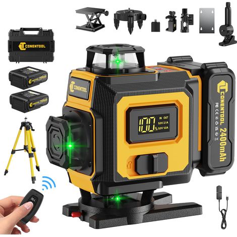 CONENTOOL - Niveau Laser Auto-Nivelant Écran LCD - 16 Line Ligne Laser Verte 360° Horizontal et Verticale - Avce Trépied de niveau 100 cm - 2400mAh batterie (1/5)