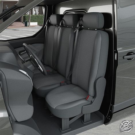 Housse de siège auto sur mesure pour PEUGEOT Partner, CITROEN Berlingo, OPEL Combo – Simili cuir gris et Jacquard – 3 sièges – Compatible airbags (1/4)