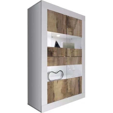 Vitrine 4 portes, collection ISORA, coloris blanc laqué brillant et chêne clair (1/5)