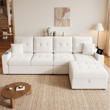 Divano angolare modulare 4 posti con pouf contenitore, LED e USB DESVIAE (1/5)