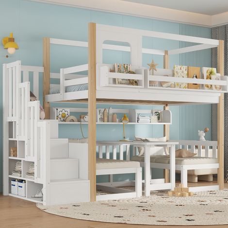 Cama litera infantil 90x200 cm blanco y natural, con mesa abatible y escalera (1/5)