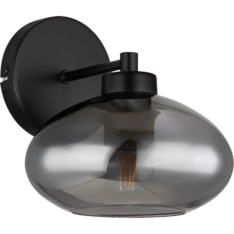 Wandleuchte Wandlampe Flurlampe Schlafzimmerleuchte Wohnzimmerlampe, Metall schwarz Glas Rauchoptik, 1x E27 Fassung, HxBxÜ 20x18x22cm