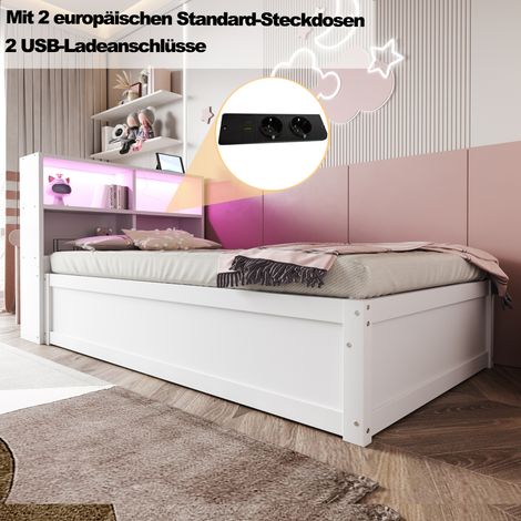 Canapé-lit 90x200 cm avec multiprise et plusieurs compartiments, bandeau lumineux, lit hydraulique, lit en bois massif, lit simple, lit en bois multifonction, blanc (1/5)