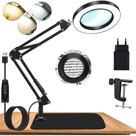 Lampe Loupe 10X 2 in 1 Lampe de Bureau Loupe Eclairante avec Base très Grande Pince en Métal Bras Pivotant Réglable 3 Modes de 4 12 50 virgule 8 cm (1/4)