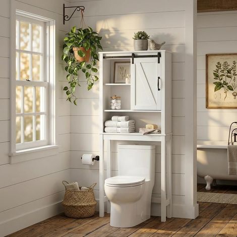Meuble WC avec Porte Coulissante, Étagères Réglables en MDF Blanc (1/5)