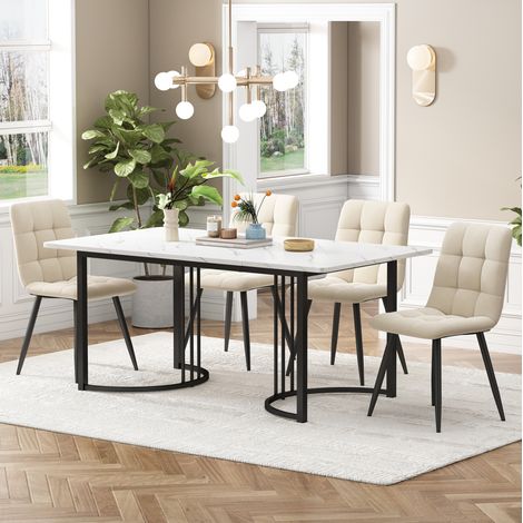 MEUBLIV Ensemble table et 4 chaises 140 x 80 cm blanc, beige et noir, finition marbre (1/5)