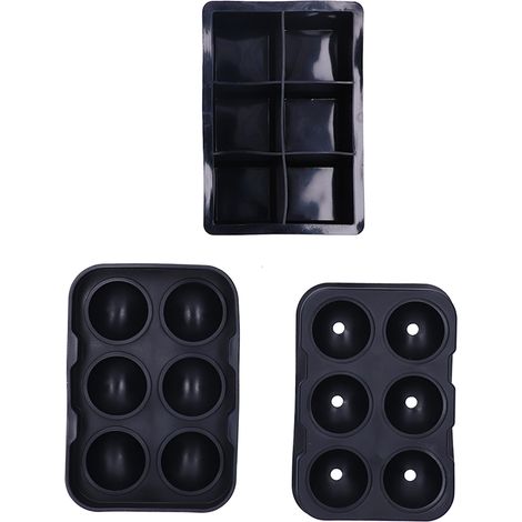 Ortviai Bac à glaçons en silicone antiadhésif – 2 pièces (6 compartiments carrés + 6 sphériques), noir, lavable au lave-vaisselle (1/4)