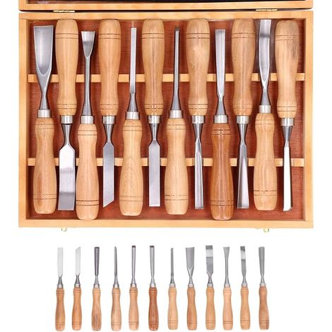 Set di 12 utensili per intaglio del legno, kit per intaglio del legno con scatola portaoggetti in legno, utensili per intaglio del legno con lama in CRV per cucchiai, ciotole, tazze, lavorazione del l (1/5)