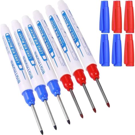 6pcs Marqueurs Trou Profond, Marqueur Charpentier, Stylo Marqueur Indélébile à Pointe Fine de 30 mm, Feutre Permanent pour des Marquages à des Endroits Difficiles d'Accès (Bleu Rouge) (1/4)