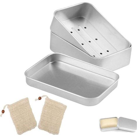 Lot de 2 boîtes à savon en aluminium pour savon à raser et shampooing solide, porte-savon avec égouttoir, résistant à l'humidité, en métal, pour les voyages à la maison, avec 2 filets en mousse (1/4)