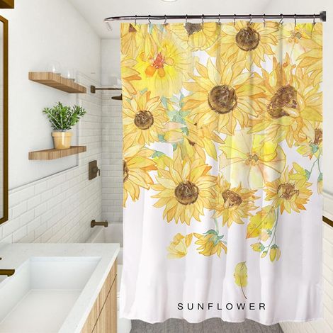 Rideau de Douche Anti Moisissure Lavable 120 x 180 cm Personnalisable, Séchage Rapide, Lavable, Lesté, avec des Crochets Polyester Imperméable Rideau de Douche, Tournesol (1/4)