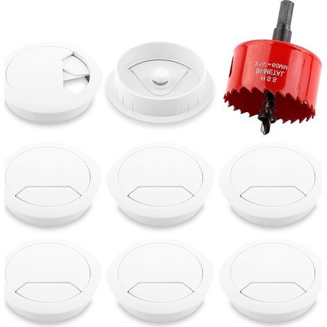 8 pièces Passe Cable Bureau avec Scie Cloche 60mm œillets de Bureau Cache-câble pour Câble Rond Couvercle Passe Câble pour La Maison Et Le Bureau Rangements De Câbles (1/5)