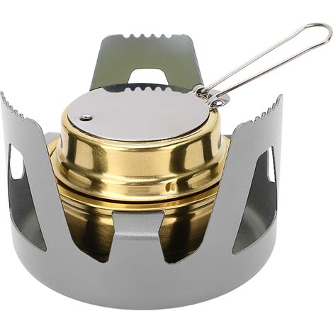 Poêle à alcool portable en alliage d'aluminium laiton, résistant au vent et sûr, idéal pour la cuisine en camping et randonnée, couleur gris. (1/5)