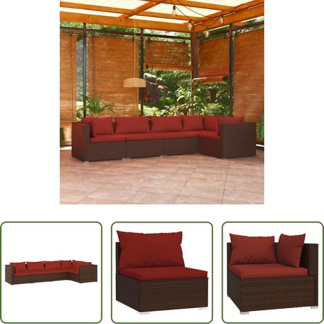 vidaXL Rattan -  5-tlg. Garten-Lounge-Set mit Kissen Poly Rattan Braun (1/5)