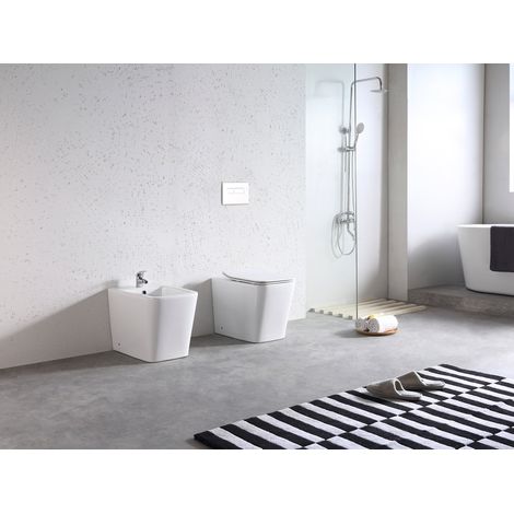 Set Sanitärkeramik Edge Rimless – Stand-WC + Bidet – Wandbündig – Weiß Glänzend – Spülrandlos – Kantiges Design – Soft-Close WC-Sitz