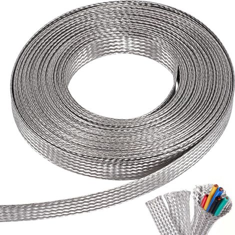 10m Gaine Tressée en Acier Inoxydable 304, 15mm de Large Tressage Plat Étamé en Acier Inoxydable Gaine de Blindage Flexible pour Câbles (1/5)