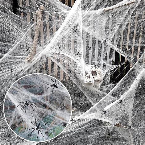 Toile d'araignée décorative d'Halloween - 60 g - En plastique - Décoration effrayante pour Halloween - Toile d'araignée pour extérieur et intérieur - Table à manger, plafond, fenêtre, maison hantée (1/5)