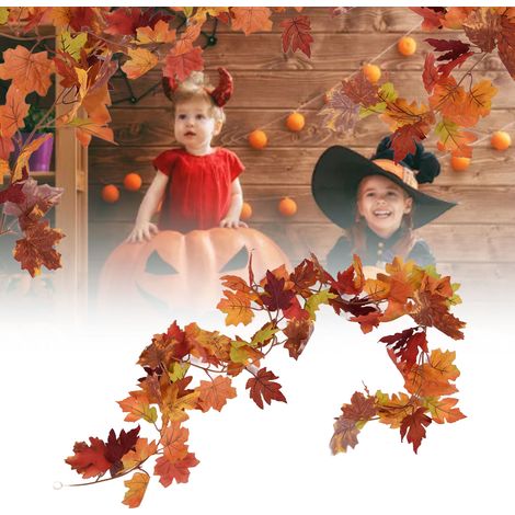 Künstlicher Ahornblattkranz, künstlicher Blätterkranz, Gartendekoration für Thanksgiving und Halloween, künstliche Ahornranke mit zwei Ahornblättern und einem sich wiederholenden Muster von 7 Blättern (1/5)