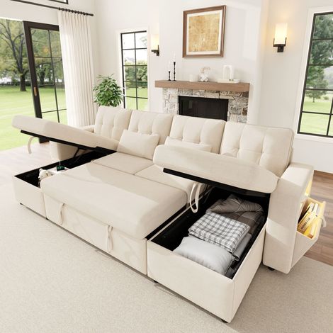 Canapé d’angle convertible 4 places 273 x 131 x 83 cm, en U, double méridienne, rangement caché, USB-C, LED, 2 coussins, chenille, Beige (1/5)
