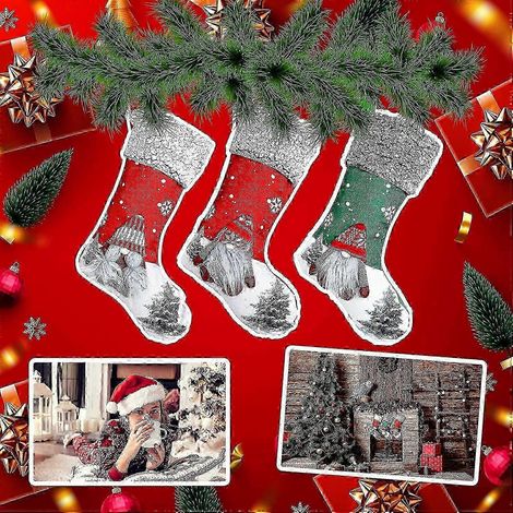Lot de 3 chaussettes de Noël à remplir, chaussettes de Noël à suspendre à la cheminée - Rouge et verte (1/4)