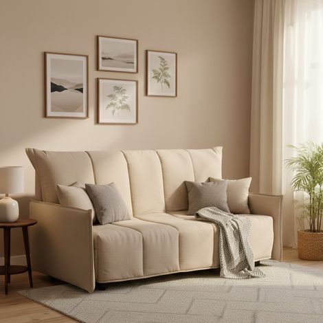 Talamo Italia Sofa cama Alissa, Sofá de 2 plazas, 100% Made in Italy, Sofá de salón con apertura trolley con apertura trolley, en tela acolchada, con reposabrazos estándar, Cm 150x90h85, Beige, con em (1/5)