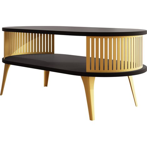 Mesa de centro Vitum IV, Dorado + Negro, 44x50x100cm, Diámetro: 0, Aglomerado laminado, Ovalada