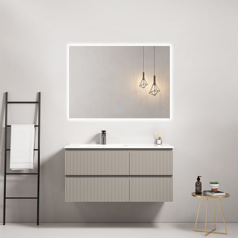 Mobile bagno sospeso cannettato 100 cm Grigio Cenere Lavabo a Sinistra in Ceramica Specchio Quadro Retroilluminato - Fiji Paint (1/4)