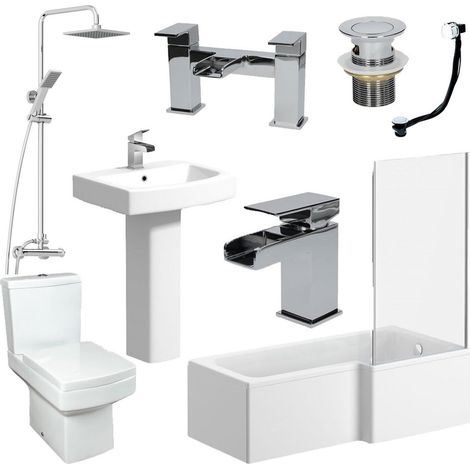 L Shaped Bathroom Suite Close Coupled Toilet Basin RH Bath Taps (1/6)