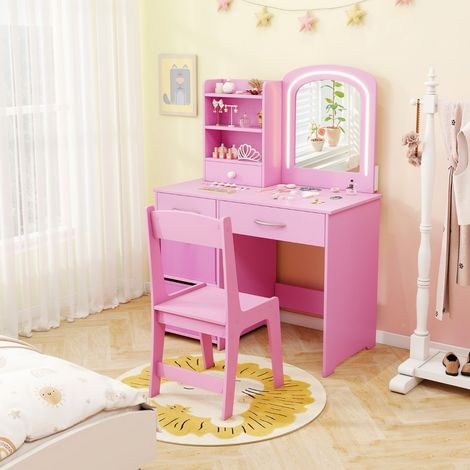 Ensemble Coiffeuse pour Enfants avec Miroir Lumineux Table de Maquillage Princesse avec Miroir et Lumières Étagères Ouvertes Rose (1/5)