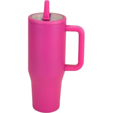 Gobelet à paille de 1200 ml avec bouchon à rabat avec poignée pour porte-gobelet de voiture, tasse à eau anti-fuite en acier inoxydable 304 – Bouteille d'eau de voyage... (couleur framboise) (1/5)