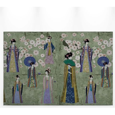 Tableau printemps japonais coloré | Tableau pour chambre japonais vert et fleurs blanches | Tableau sur toile pour deco salon - 0,9 x 0,6 m (1/5)