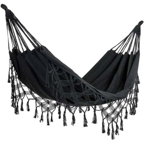 QORVA-Hamac double en coton doux pour deux personnes, idéal pour la maison ou l'extérieur (intérieur/extérieur), pour terrasse, jardin, véranda, pelouse et cour. Couleur noire. Charge maximale : 227 k (1/4)