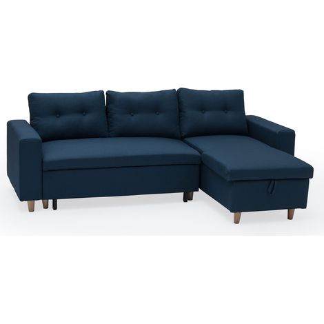 Happy Garden – Canapé d'angle convertible 3 places bleu – Méridienne réversible – Coffre de rangement – Couchage 197x140cm – Design scandinave (1/8)