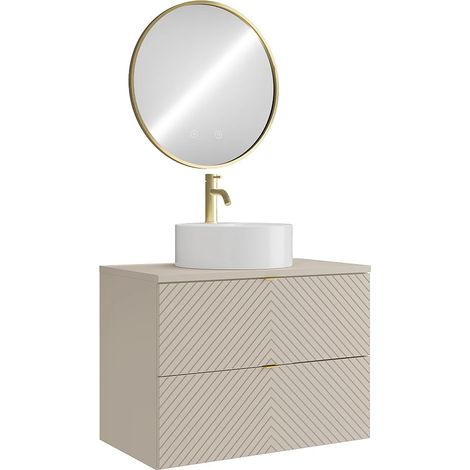 Meuble de salle de bain suspendu avec vasque à poser ronde, robinet et miroir - Beige - 80 cm - DORIONI (1/5)