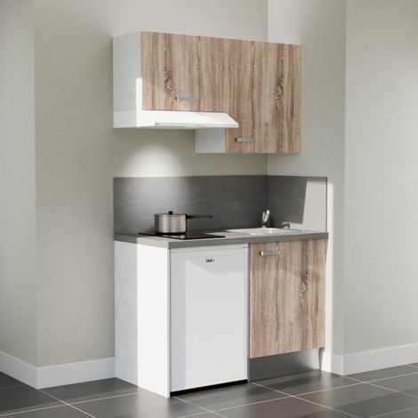 Kitchenette K01L-PT - 120 cm avec plan de travail et évier, emplacements frigo et hotte - Façade Bois - Plan Gris béton - Evier Inox - Crédences Oui
