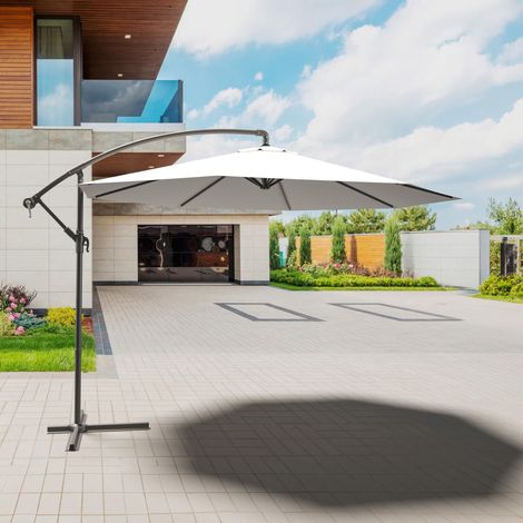 Ombrellone 3x3 M Decentrato Retrattile Braccio Rotabile 360° Chiusura Manovella Base A Croce Giardino Esterno Piscina Bar In Acciaio Inossidabile Telo 180 g/m2 Impermeabile Anti UV (Bianco) - Colore: