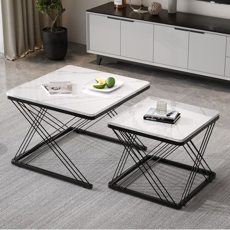 Lote de 2 mesas bajas anidadas cuadradas 60x60x45 cm y 45x45x40 cm, acabado mármol brillante, en MDF, negro y blanco (1/5)
