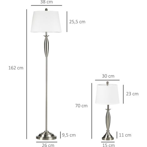 Ensemble de luminaires 3 pièces. 1 lampadaire, 2 lampes de table, aspect lin 38 cm x 38 cm x 158 cm, argent et blanc (1/5)