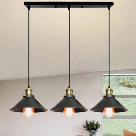 U-Do Ajustable Lustre design Moderne 3 Lampes Suspension en Fer Noir Lampe Longue Pôle Lustre Intérieur pour Cuisine Bureau Salon (1/4)