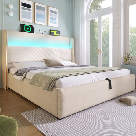 Bett 140x200 cm mit hohem Kopfteil, Leinenoptik Beige, LED, USB/Type-C und Matratze (1/5)