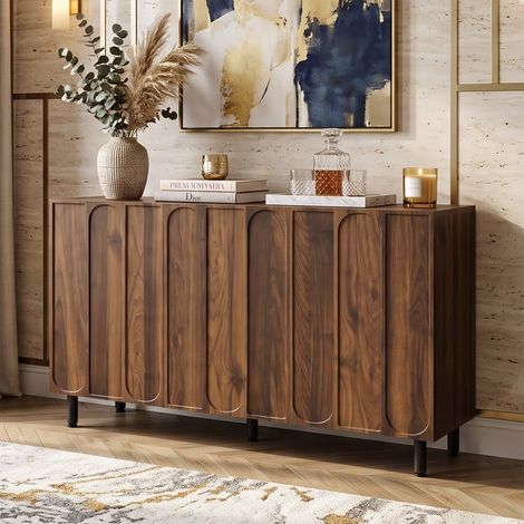 Creahappy Buffet Bas 120x37x80 cm avec 3 Portes - Meuble de Rangement et Chaussures Gain de Place - Étagères Réglables Effet Noyer et Métal (1/5)