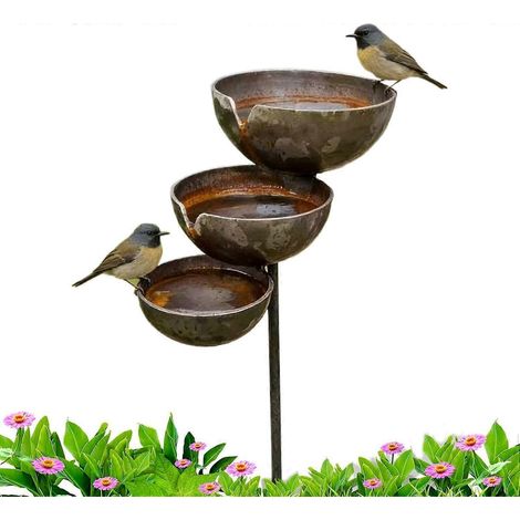 Piquet récupérateur d'eau de pluie bronze 68x12x5cm abreuvoir 3 niveaux oiseaux abeilles métal rouillé avec bassine (1/5)