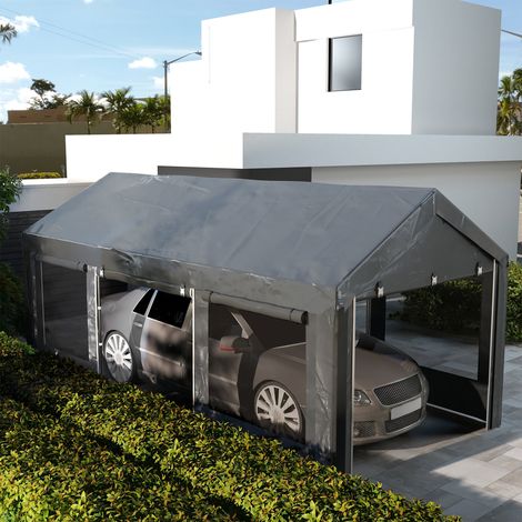 Pavillon pour voiture et réception à hauteur réglable, 4 portes et 4 fenêtres, 6 x 3 m, gris foncé (1/5)