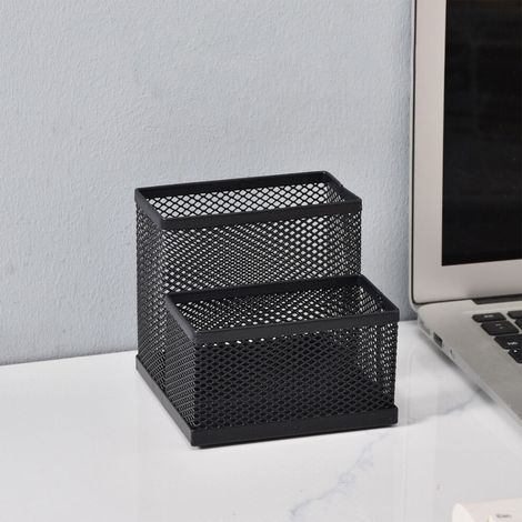 Organizador de escritorio con dos compartimentos y portalápices: bandeja de hierro forjado para material de oficina, ideal para escritorios.