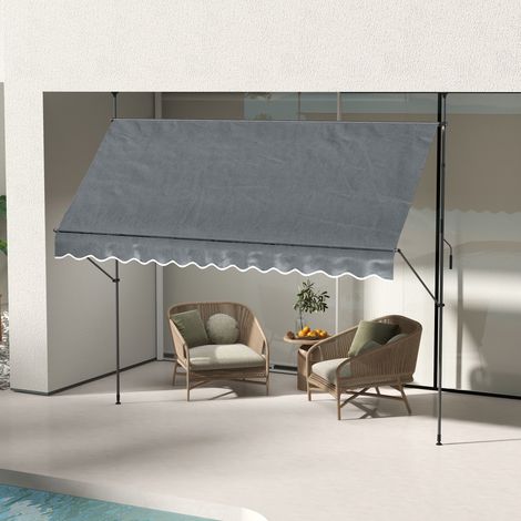Freistehende, manuell einziehbare Markise, 3,5 m (L) x 1,2 m (B) x 2,1–3 m (H), verstellbare Neigung, Metall, Aluminium, Polyester, dunkelgrau