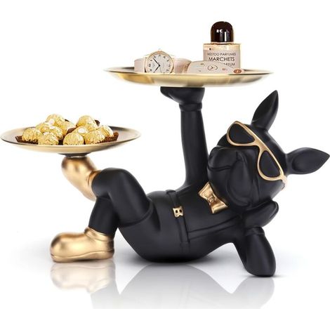 Bouledogue Français Statue avec 2 Plateaux, Bouledogue Français en Résine Bas Antidérapant, Bouledogue Français Chien Statue pour Conteneur Clé Bonbons Organisateur Décoration De Table